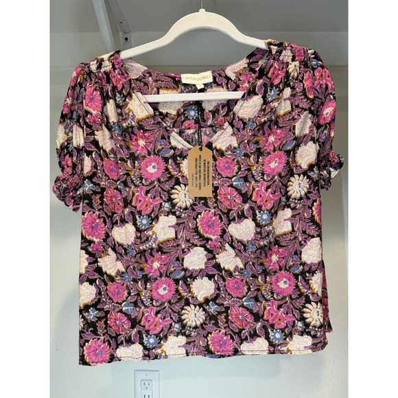 NWT Cynthia Rowley Floral Ruched Short-Sleeve Blouse‎ Size Small - Picture 1 of 8